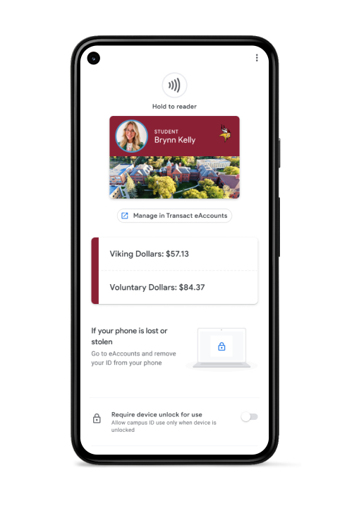 A mobile device with the new Viking Mobile ID at Valley City State University